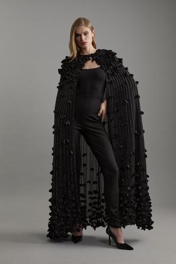 Petite Crystal Applique Woven Maxi Cape black