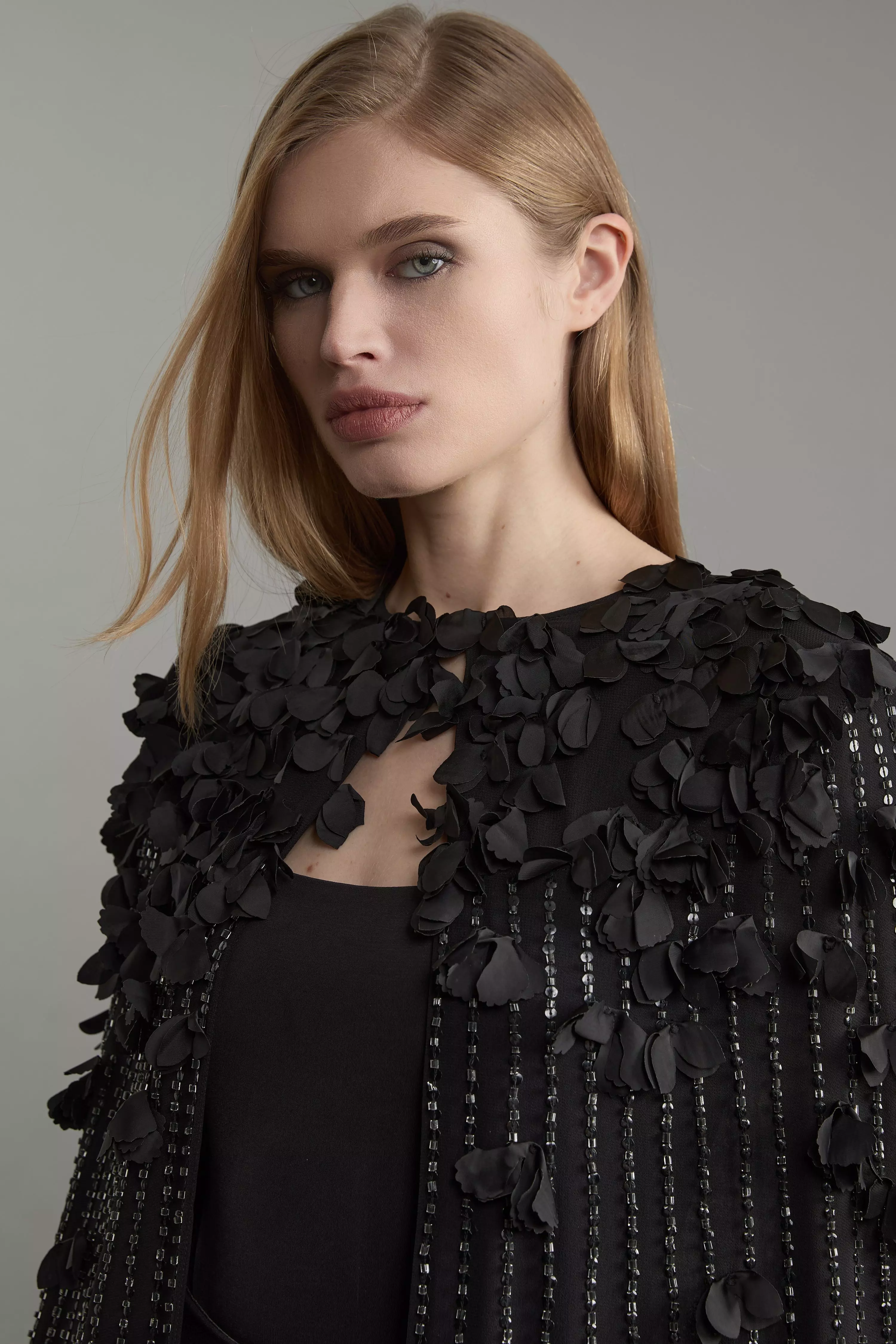 Petite Crystal Applique Woven Maxi Cape | Karen Millen