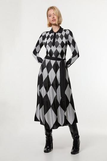 Slinky Knit Mono Jacquard Belted Maxi Dress mono