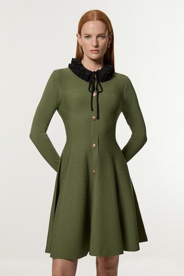 Military Trim Woven Collar Knit Skater Dress olive