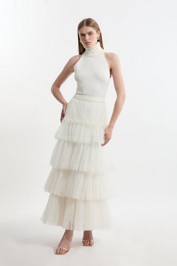 Tulle Layered Woven Maxi Skirt ivory