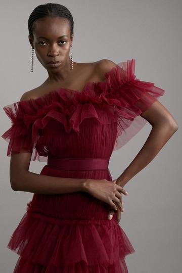 Tulle Layered Off The Shoulder Prom Dress cabernet