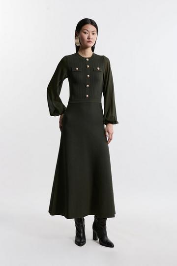 Tall Viscose Blend Midaxi Knit Dress With Chiffon Sleeve Military Trim olive