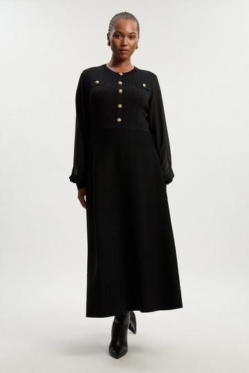 Plus Size Viscose Blend Maxi Knit Dress With Chiffon Sleeve Military Trim black