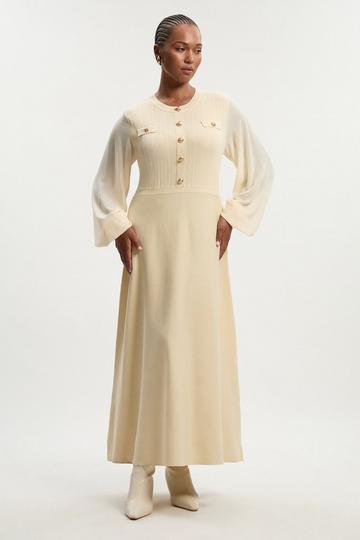 Cream White Plus Size Viscose Blend Maxi Knit Dress With Chiffon Sleeve Military Trim
