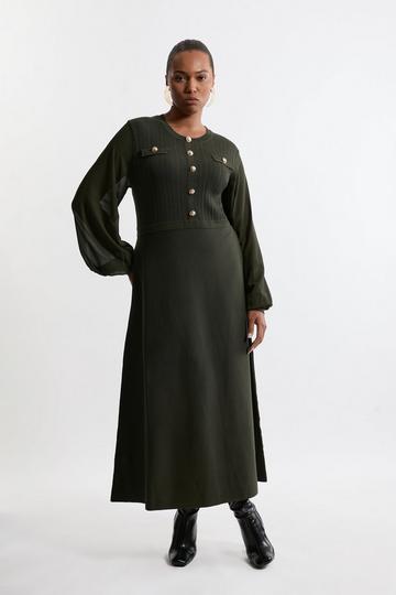 Plus Size Viscose Blend Maxi Knit Dress With Chiffon Sleeve Military Trim olive