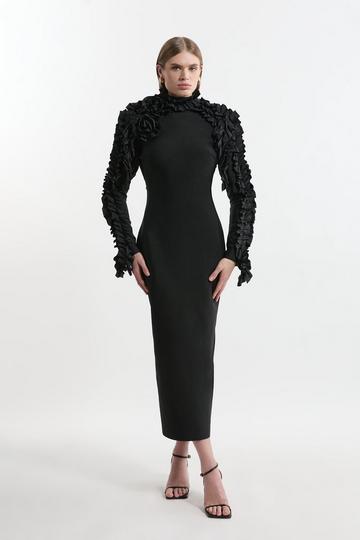 Black Figure Form Bandage Knit Woven Rosette Detail Midi Dress