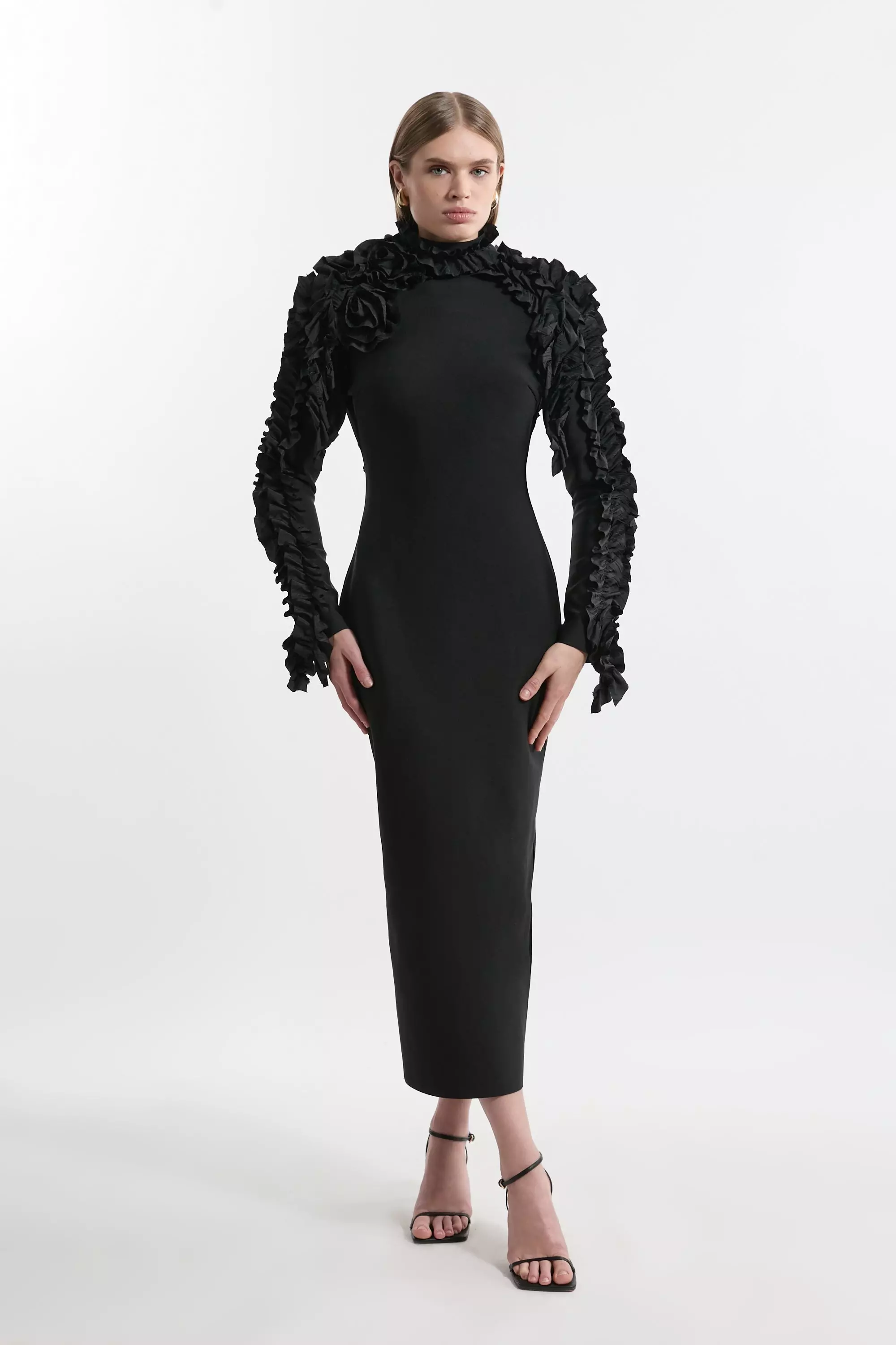◆KAREN MILLEN◆ ベルト付ペプラムスカートドレス / black Tall Figure Form Bandage Cross Front Knit Midi Dress | Karen
