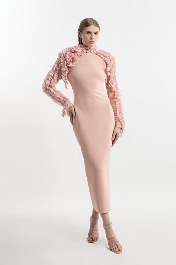 Figure Form Bandage Knit Woven Rosette Detail Midi Dress blush