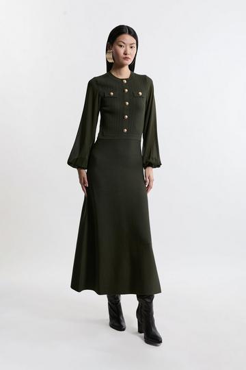 Petite Viscose Blend Maxi Knit Dress With Chiffon Sleeve Military Trim olive