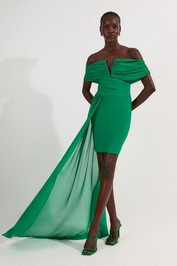 Green Figure Form Bandage Knit Woven Off The Shoulder And Skirt Detail Dress