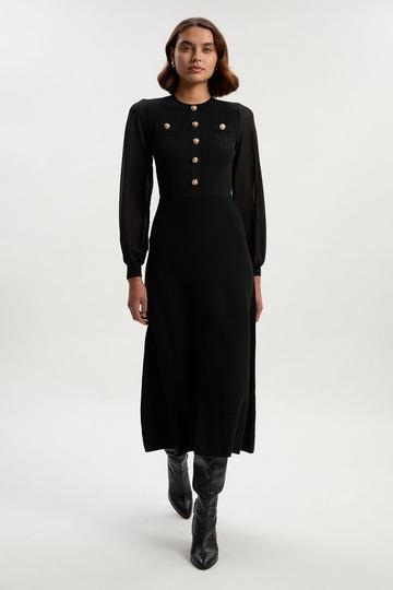 Black Viscose Blend Maxi Knit Dress With Chiffon Sleeve Military Trim