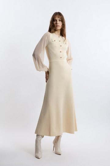 Viscose Blend Midaxi Knit Dress With Chiffon Sleeve Military Trim cream