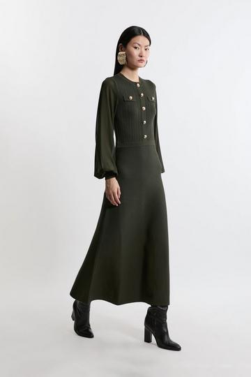 Viscose Blend Midaxi Knit Dress With Chiffon Sleeve Military Trim olive