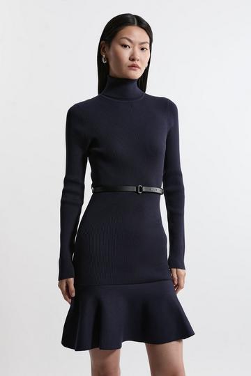 Viscose Blend Knit Turtleneck Belted Flippy Hem Mini Dress navy