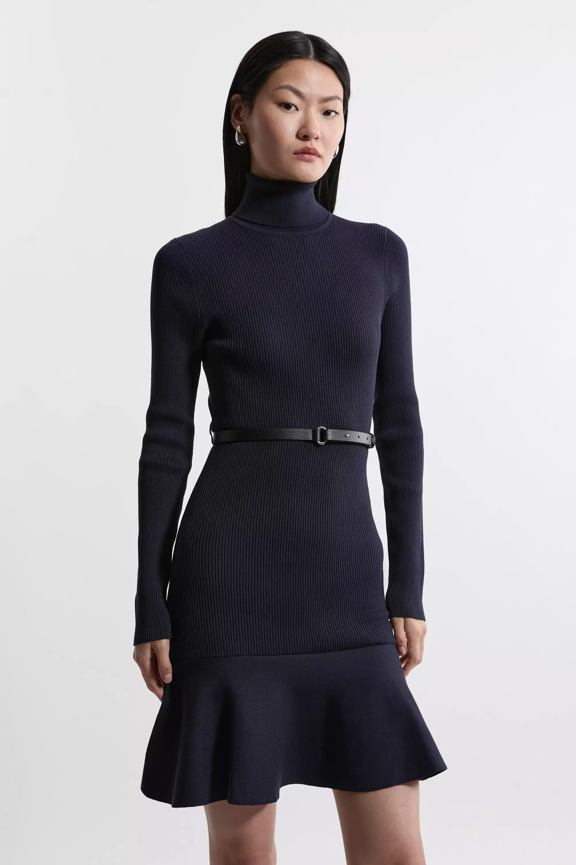 Viscose Blend Knit Roll Neck Belted Flippy Hem Mini Dress Karen Millen
