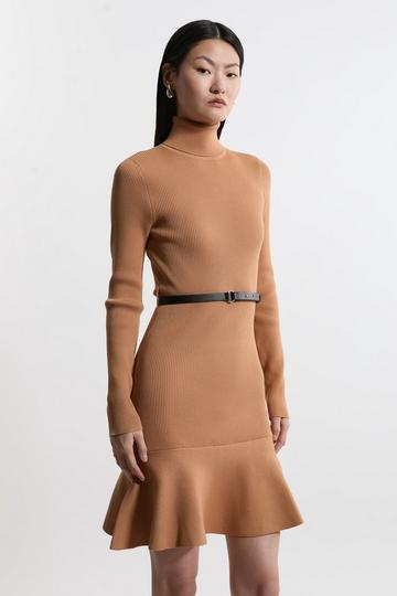 Viscose Blend Knit Roll Neck Belted Flippy Hem Mini Dress tan