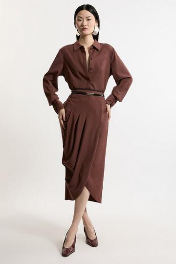 Wool Blend Pleated Detail Tailored Midi Skirt chocolate