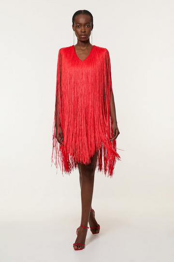 Petite Figure Form Bandage Knit V Neck Fringe Mini Dress coral