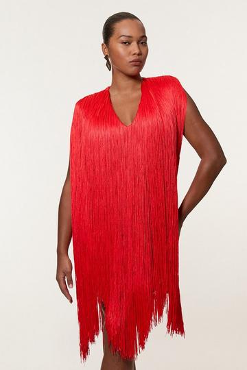 Plus Size Figure Form Bandage Knit V Neck Fringe Mini Dress coral