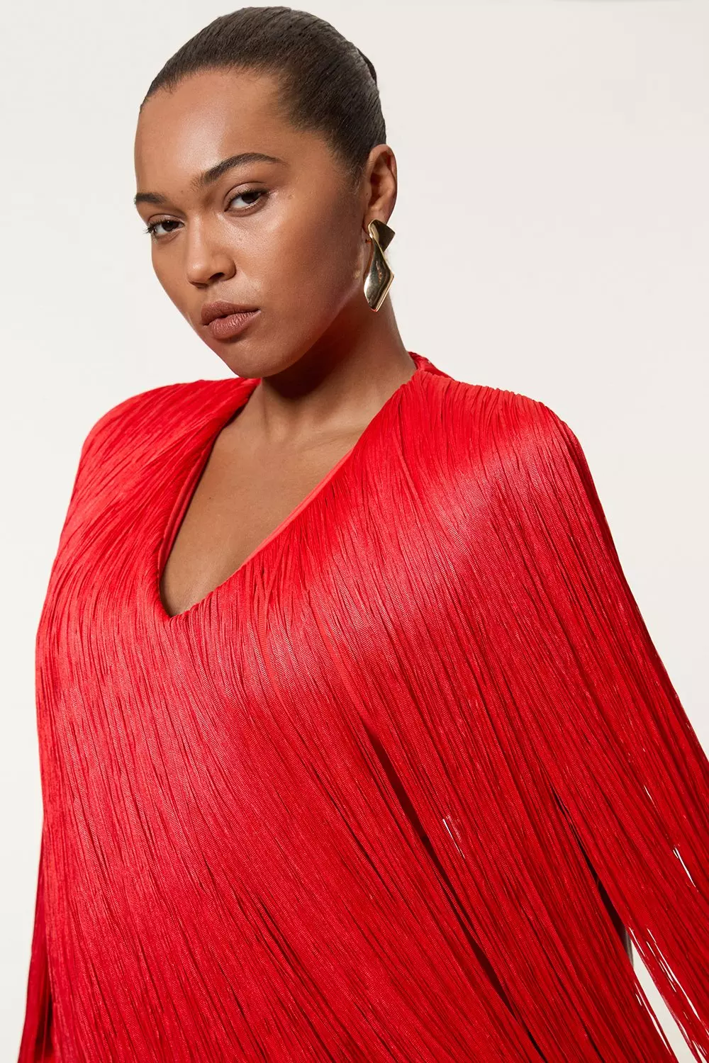 Plus Size Figure Form Bandage Knit V Neck Fringe Mini Dress