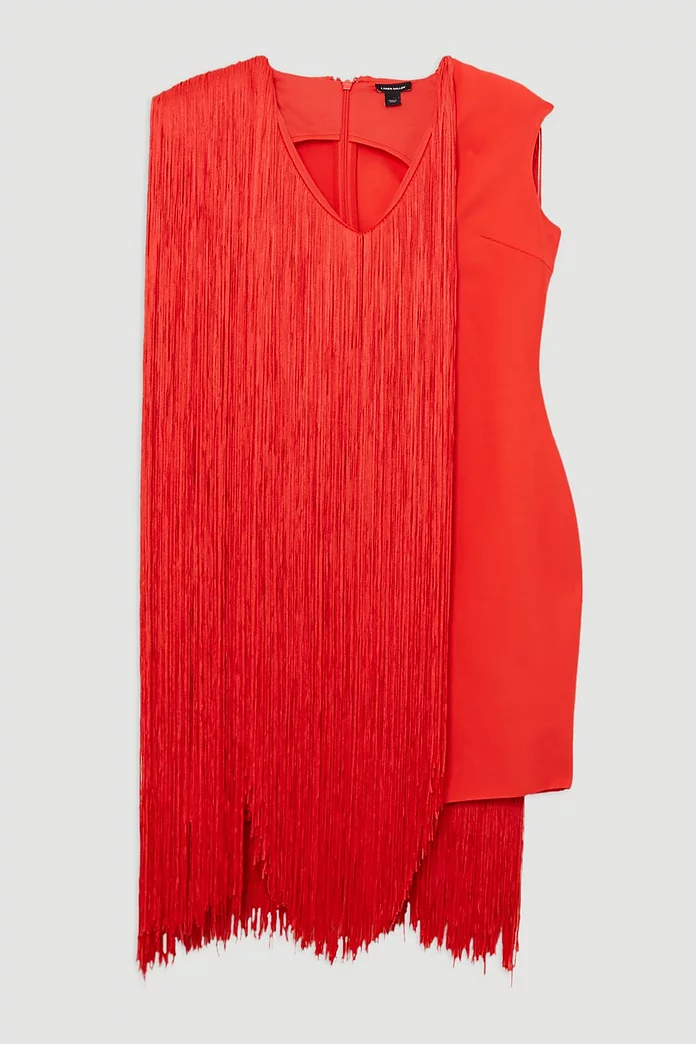 Plus Size Figure Form Bandage Knit V Neck Fringe Mini Dress Plus Size Figure Form Bandage Knit V Neck Fringe Mini Dress