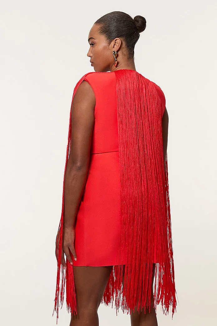Plus Size Figure Form Bandage Knit V Neck Fringe Mini Dress Plus Size Figure Form Bandage Knit V Neck Fringe Mini Dress