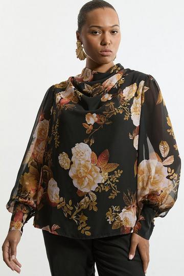 Plus Size Floral Georgette Balloon Sleeve Blouse floral