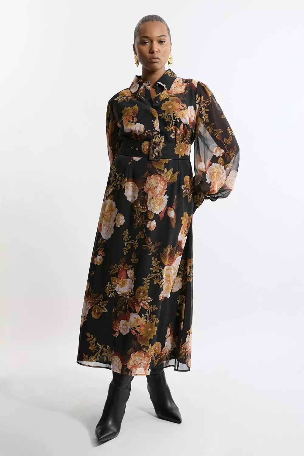 Black floral maxi shirt dress online