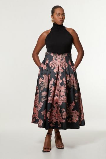 Plus Size Jacquard Woven Floral Maxi Skirt black