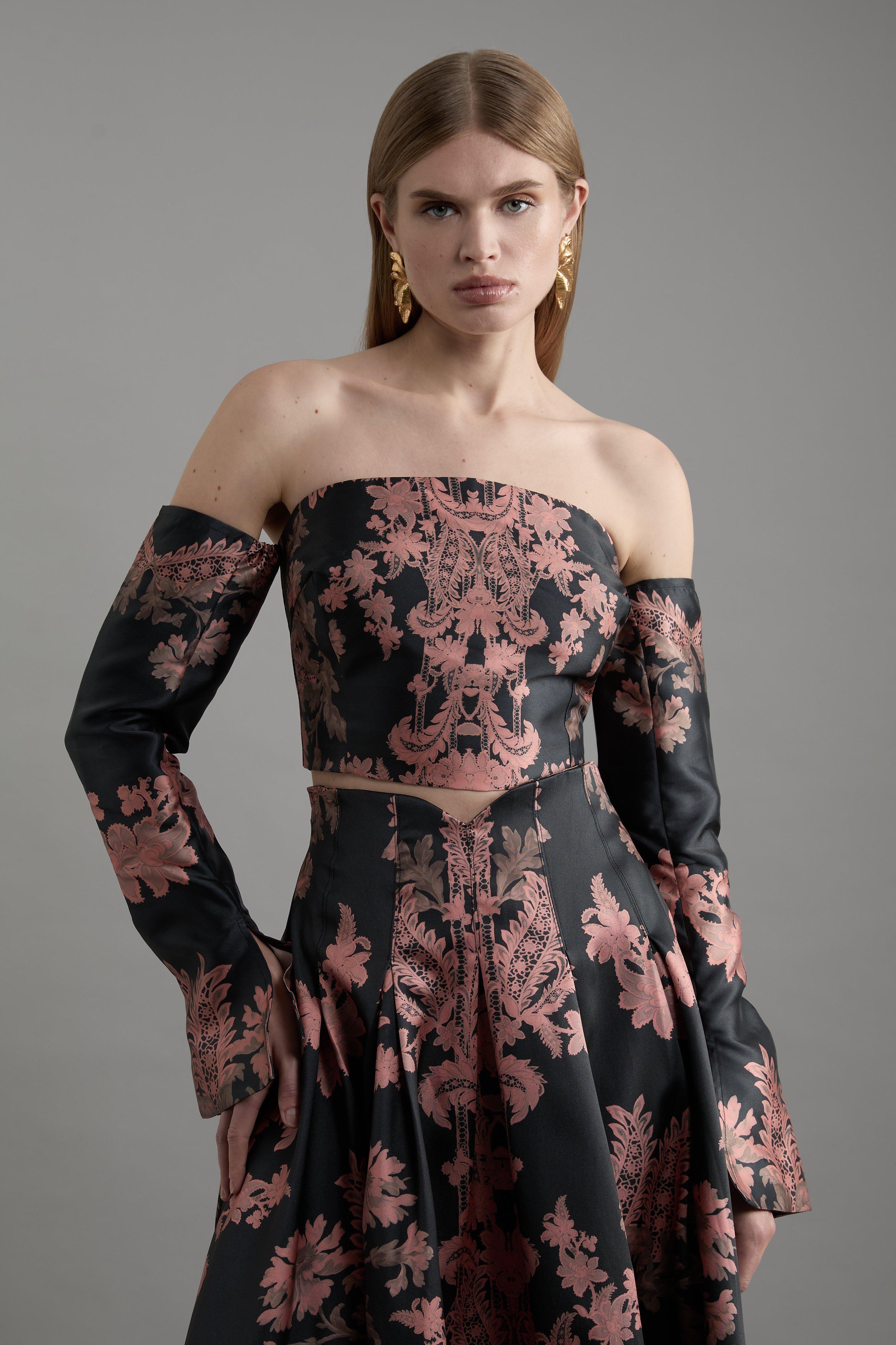 Black Jacquard Woven Floral Off The Shoulder Top 