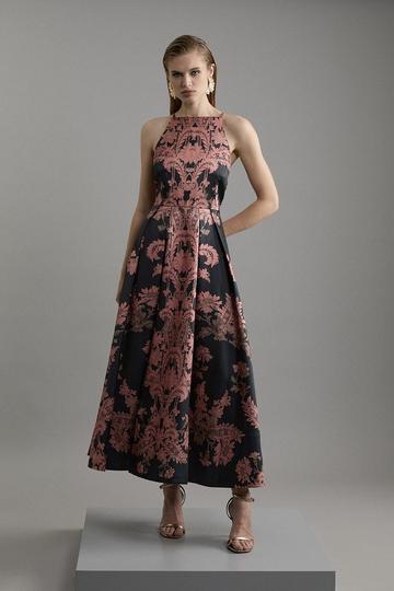 Black Jacquard Woven Floral Maxi Dress