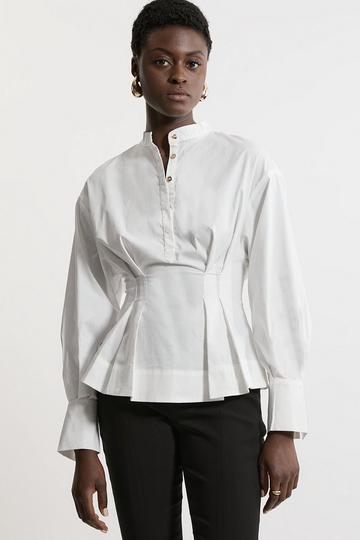 White Poplin Balloon Sleeve Pintuck Woven Shirt