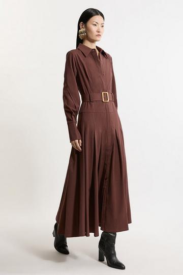 Wool Blend Pleated Tailored Belted Maxi Shirt Dress chocolate