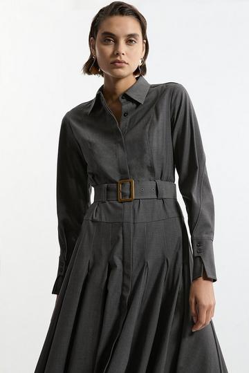 Wool Blend Pleated Tailored Belted Maxi Shirt Dress grey