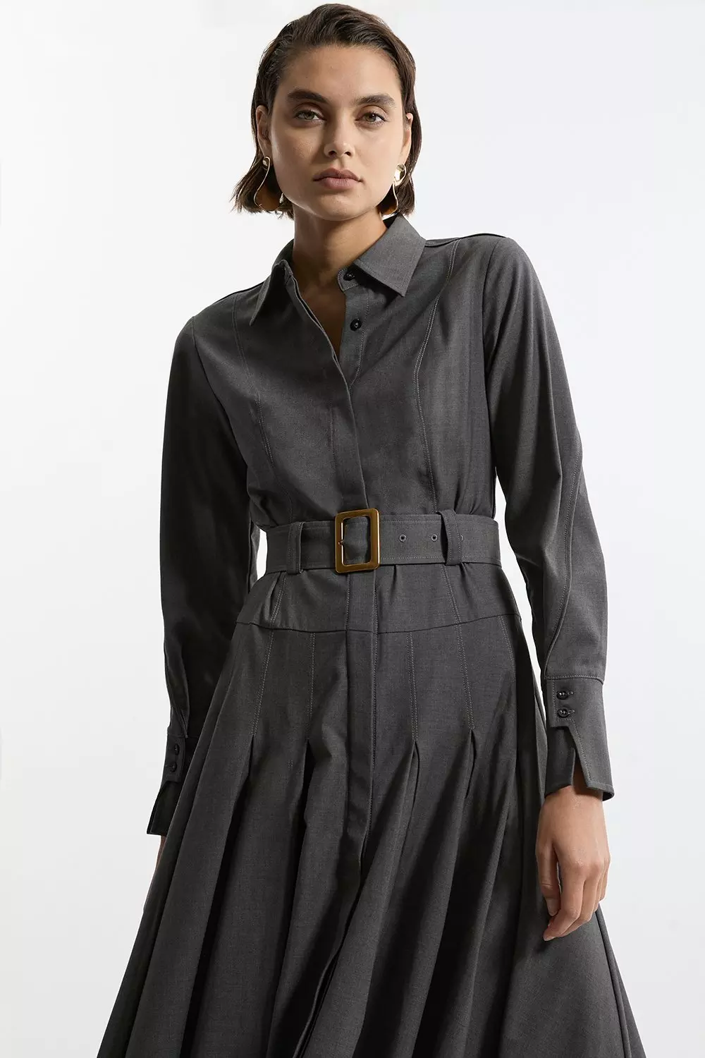 Wool Blend Pleated Tailored Belted Maxi Shirt Dress Karen Millen