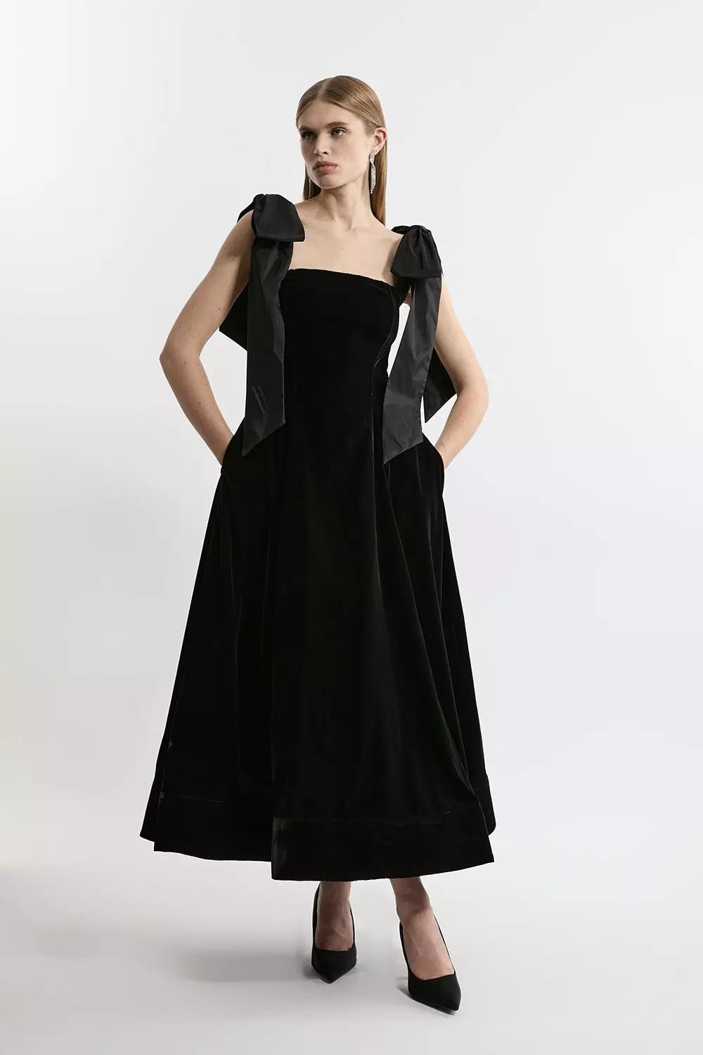 Lydia Millen Petite Velvet Bardot Woven Prom Midaxi Dress With Taffeta Bow Karen Millen