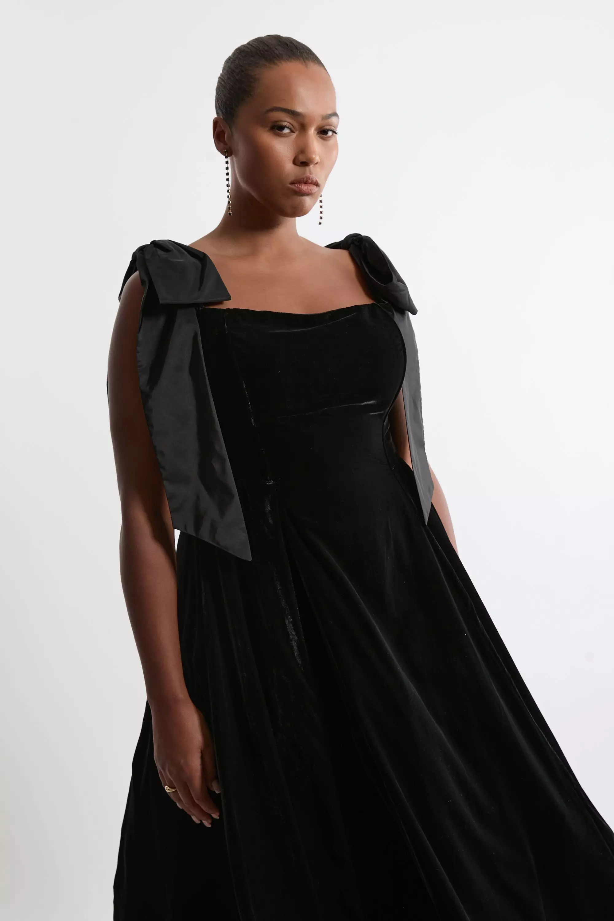 Lydia Millen Plus Size Velvet Bardot Woven Prom Midaxi Dress With Taffeta Bow Karen Millen