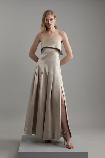 Petite Structured Satin Bandeau Prom Tailored Maxi Dress gold