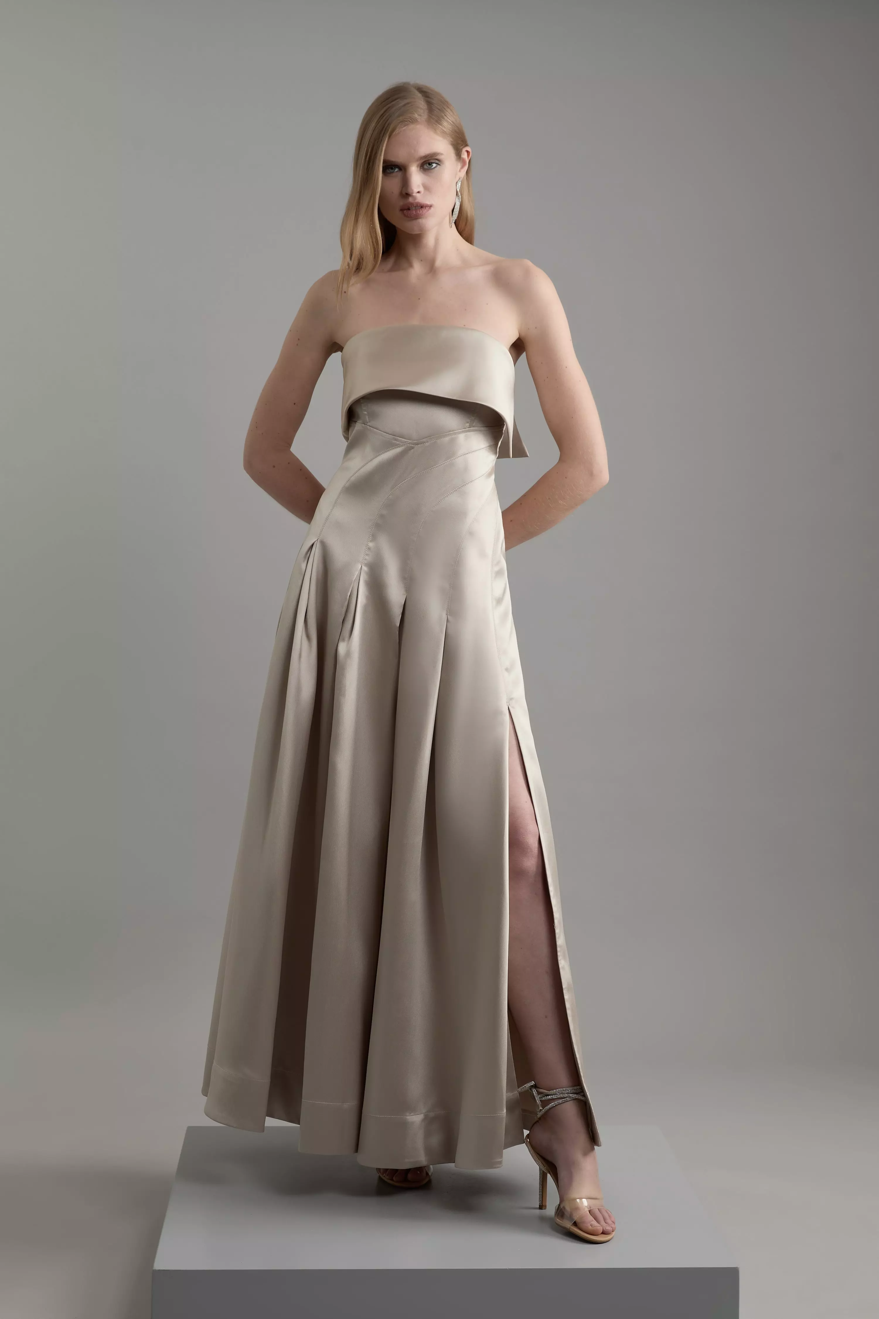 Petite Structured Satin Bandeau Prom Tailored Maxi Dress Karen Millen