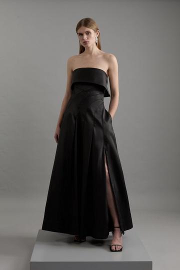 Structured Satin Bandeau Prom Tailored Maxi Dress black