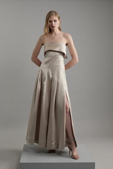 Structured Satin Bandeau Prom Tailored Maxi Dress gold