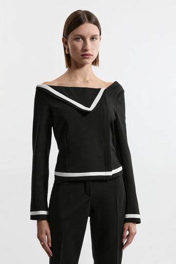 Black Petite Compact Stretch Contrast Tipped Asymmetric Jacket