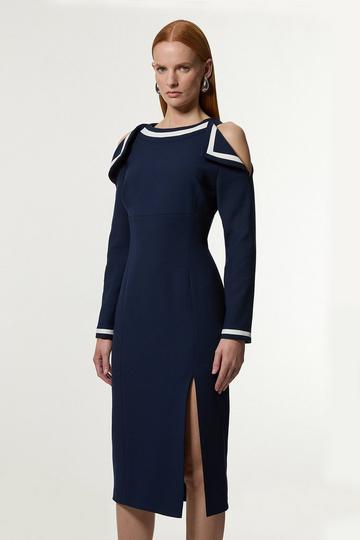 Petite Contrast Tipped Bardot Tailored Midi Dress navy