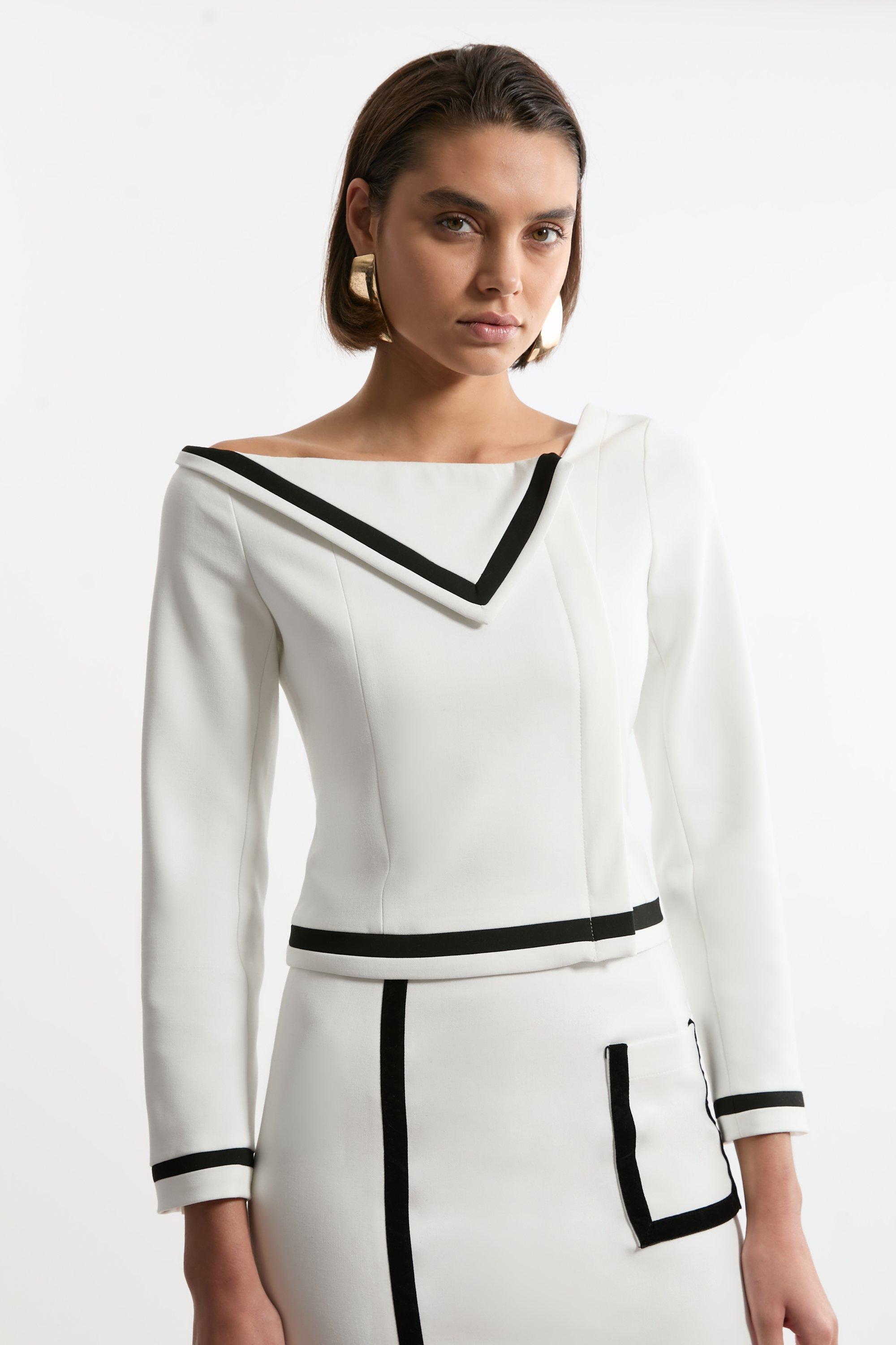 Ivory Compact Stretch Contrast Tipped Asymmetric Jacket