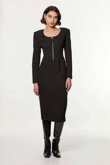 Black Tailored Viscose Zip Through Multi Stitch Midi Dress