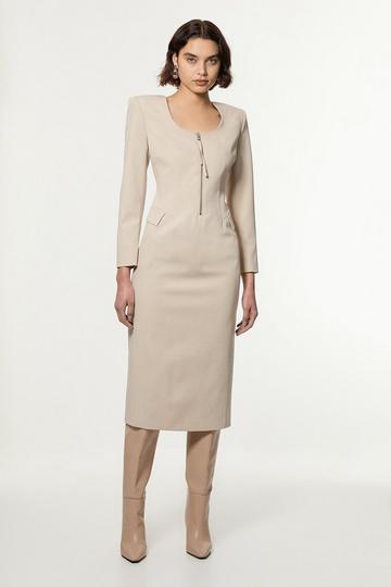 Tailored Viscose Zip Through Multi Stitch Midi Dress stone