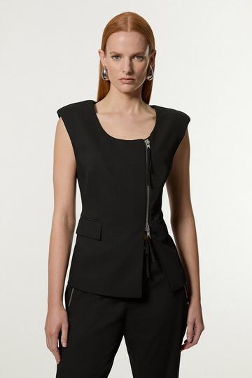 Black Tailored Viscose Zip Through Multi Stitch Waistcoat