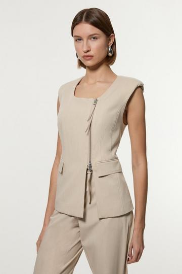 Tailored Viscose Zip Through Multi Stitch Waistcoat stone