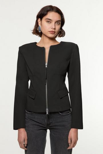 Black Tailored Viscose Zip Through Multi Stitch Jacket